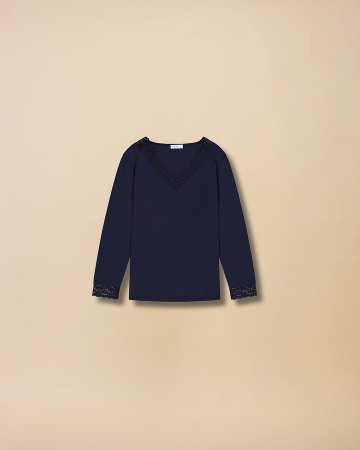 V Neck Long Sleeve Top - Navy